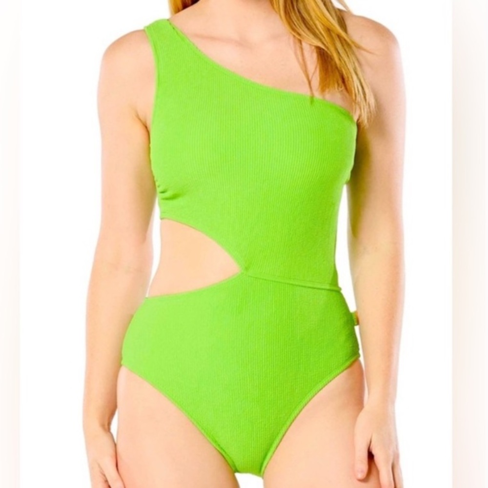 Michael Kors Women's One-Shoulder Side-Cutout Swimsuit Apple Green